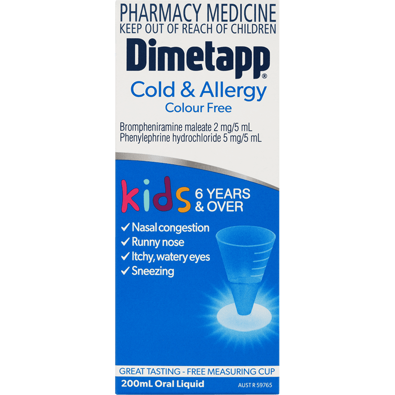 Dimetapp Cold and Allergy Colour Free Kids 6 Years and Over 200mL