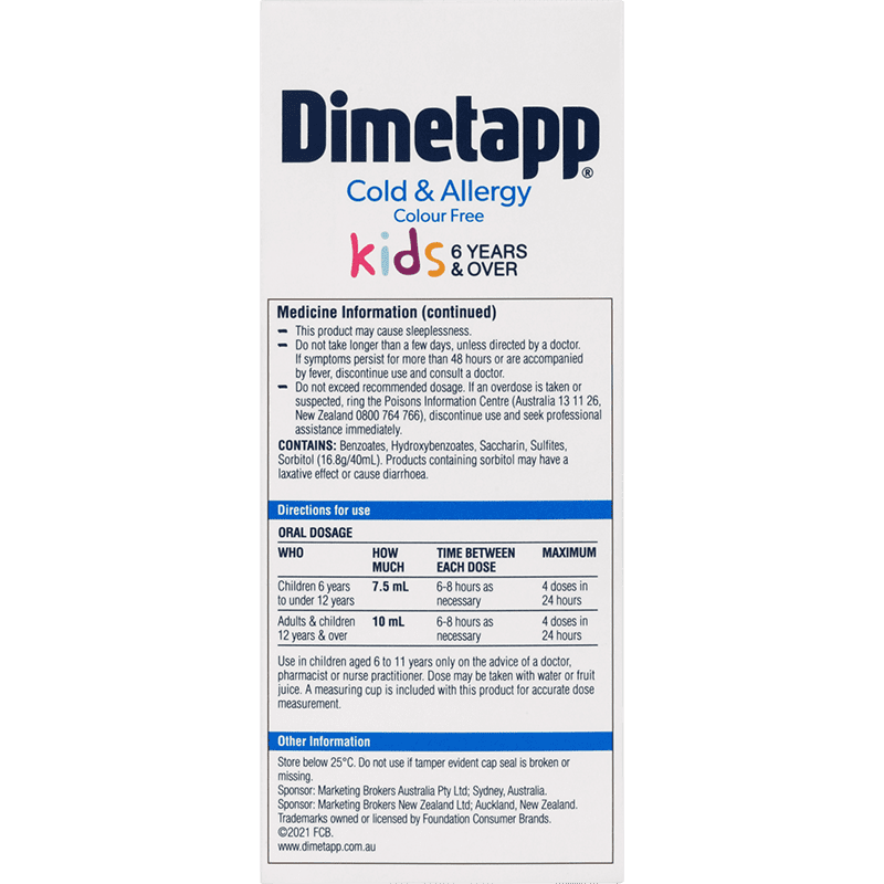 Dimetapp Cold and Allergy Colour Free Kids 6 Years and Over 200mL